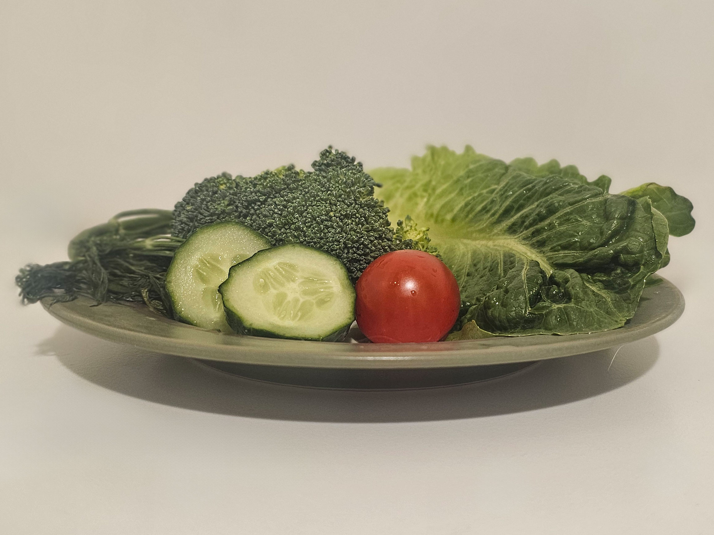 Суточная порция овощей для морской свинки на тарелке: брокколи, огурец, помидор, уроп, салат романо